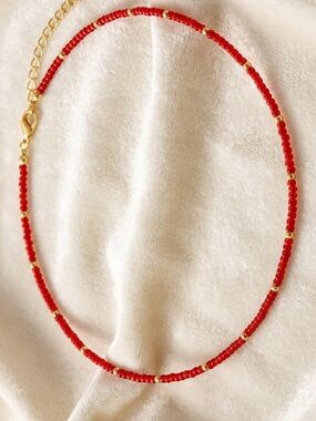 Red Beaded Gold Accent Necklace - Women Jewelry